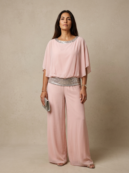 The Maison Lavista Sequin Chiffon Cape Jumpsuit