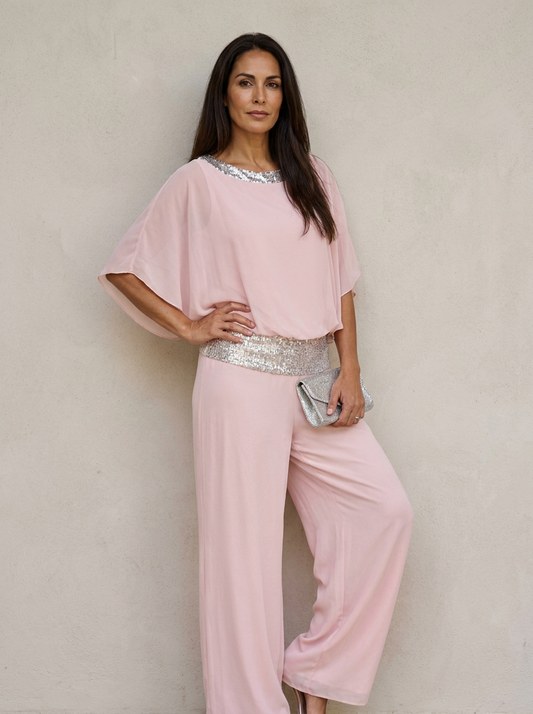 The Maison Lavista Sequin Chiffon Cape Jumpsuit