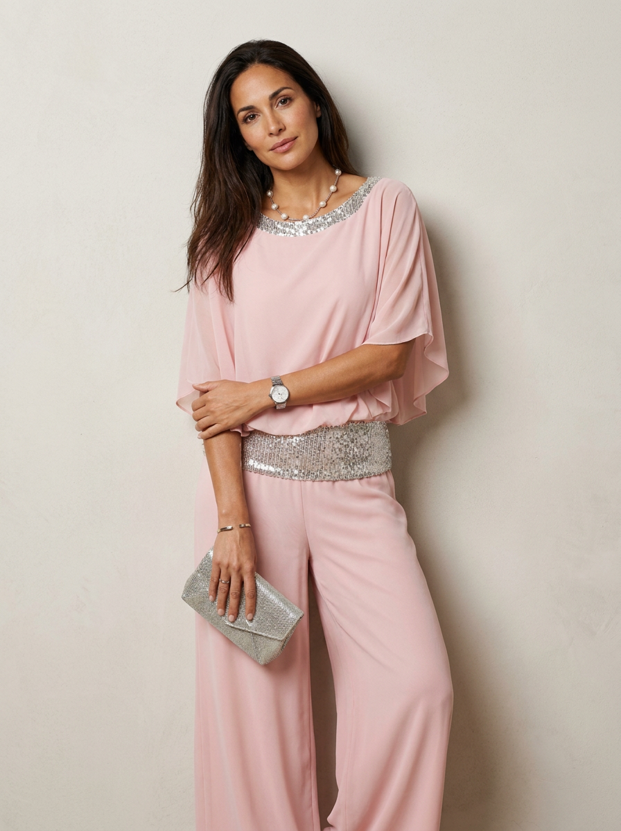 The Maison Lavista Sequin Chiffon Cape Jumpsuit