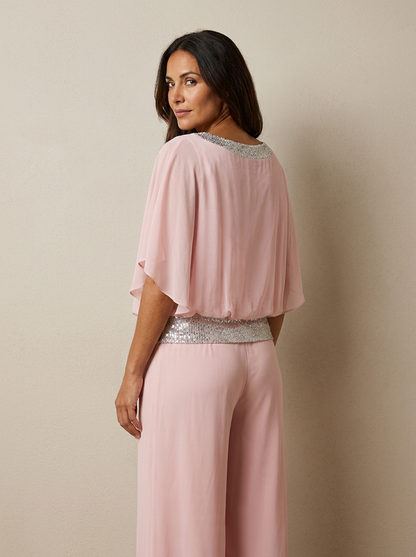 The Maison Lavista Sequin Chiffon Cape Jumpsuit