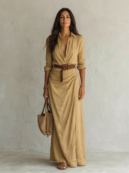 The Maison Lavista Linen Belted Maxi Shirt Dress