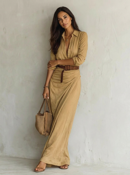 The Maison Lavista Linen Belted Maxi Shirt Dress