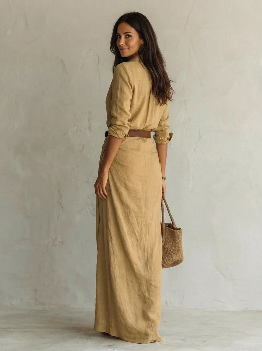 The Maison Lavista Linen Belted Maxi Shirt Dress