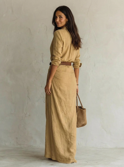 The Maison Lavista Linen Belted Maxi Shirt Dress